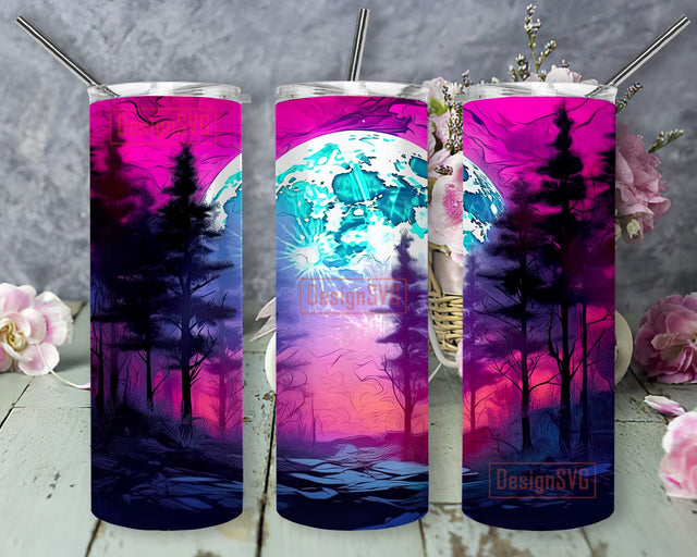 Forest Landscape With Silhouette Of Trees And Moon 20oz Skinny Tumbler Png, Background Is Colorful Alcohol Ink With Neon Colors Png, Northern Lights Night Sky Png Sublimation DesignSVG 