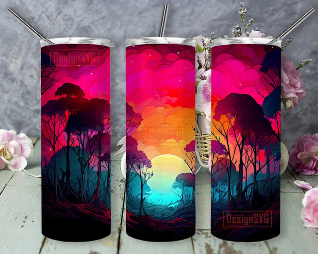 Forest Landscape With Silhouette Of Trees And Moon 20oz Skinny Tumbler Png, Background Is Colorful Alcohol Ink With Neon Colors Png, Northern Lights Night Sky Png Sublimation DesignSVG 