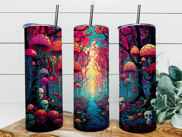 Forest Skulls Mushroom 20oz Skinny Tumbler Png, Colorful Mushroom Tumbler, Skull Mushroom Tumbler, Psychedelic Mushroom Skull Png, Neon Skull Mushrooms Png Sublimation iStyleDesign 