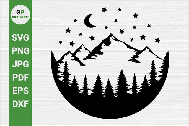 Forest SVG, Mountain SVG, Circle SVG, Stars SVG, Crescent Moon SVG, Woods SVG, Pine Trees SVG, Nature SVG, Outdoor SVG, Wilderness SVG, Woodland SVG SVG GPDigitaline 