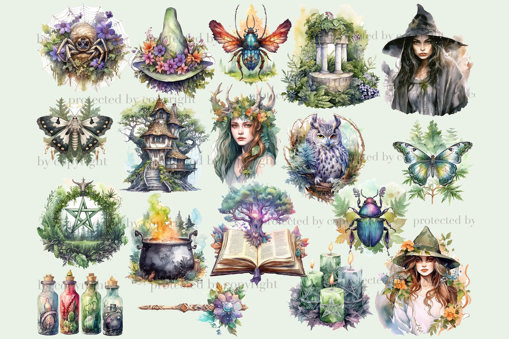 Forest Witch Clipart Bundle | Fantasy Illustration PNG - So Fontsy