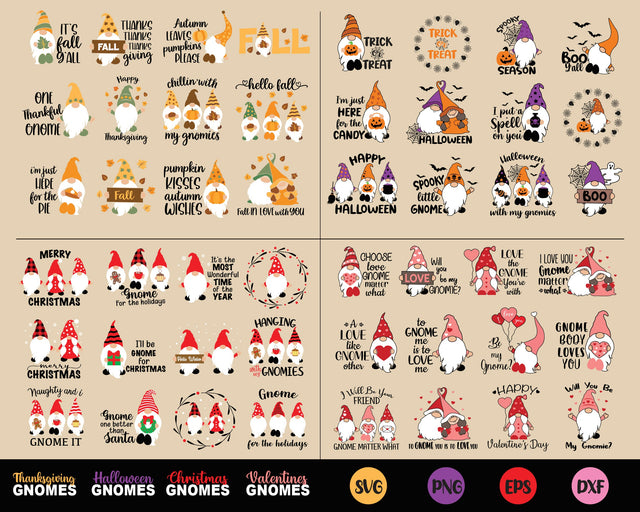 Four Holiday's Gnomes Bundle, Christmas, Halloween, Thanksgiving, Valentines Bundle SVG SvgMonkeys 