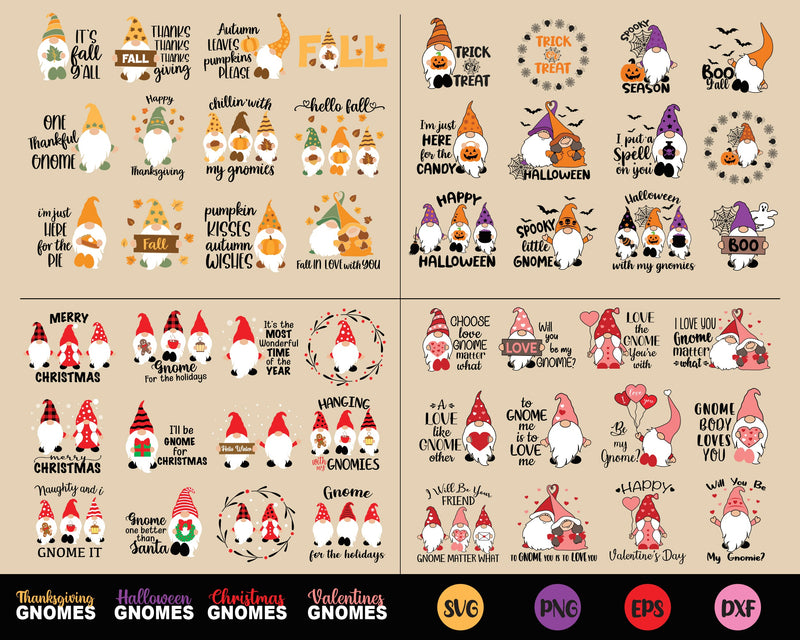 Four Holiday's Gnomes Bundle, Christmas, Halloween, Thanksgiving, Valentines Bundle SVG SvgMonkeys 