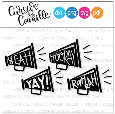 Four Megaphones Yay, Hooray, Rah Rah & Yeah Cut File Cursive by Camille 