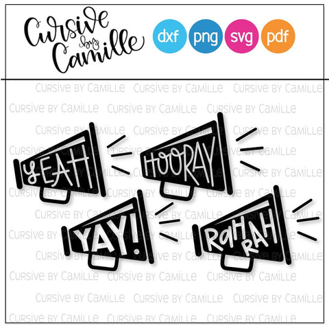 Four Megaphones Yay, Hooray, Rah Rah & Yeah Cut File Cursive by Camille 