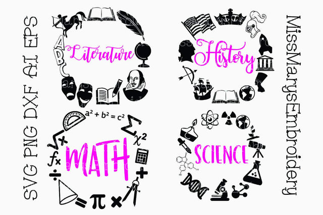 Four School Subject Frames SVG MissMarysEmbroidery 