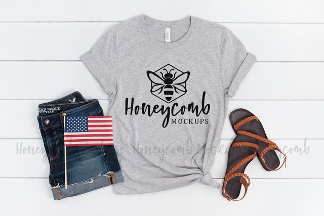 Fourth of July Mockup, Bella Canvas 3001 Athletic Heather, Women's T-Shirt Mockup, Patriotic Mockup Mock Up Photo Honeycomb Mockups 