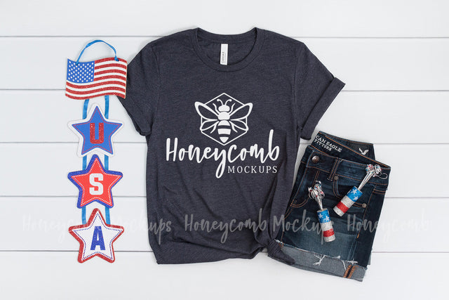 Fourth of July Mockup, Bella Canvas 3001 Heather Midnight Navy, Patriotic Mockup Mock Up Photo Honeycomb Mockups 