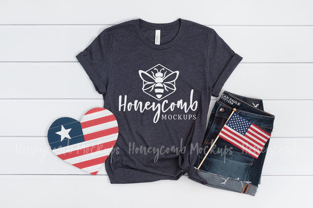 Fourth of July Mockup, Bella Canvas 3001 Heather Midnight Navy, Women's T-Shirt Mockup Mock Up Photo Honeycomb Mockups 