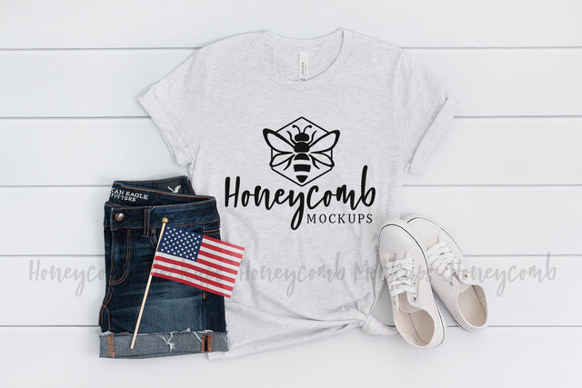 Fourth of July Mockup, Bella Canvas Ash 3001 T-Shirt, Women's T-Shirt Mockup, Patriotic Mockup Mock Up Photo Honeycomb Mockups 