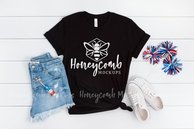 Fourth of July Mockup, Black 3001 Bella Canvas Mockup, Patriotic Mockup, Women's T-Shirt Mockup Mock Up Photo Honeycomb Mockups 