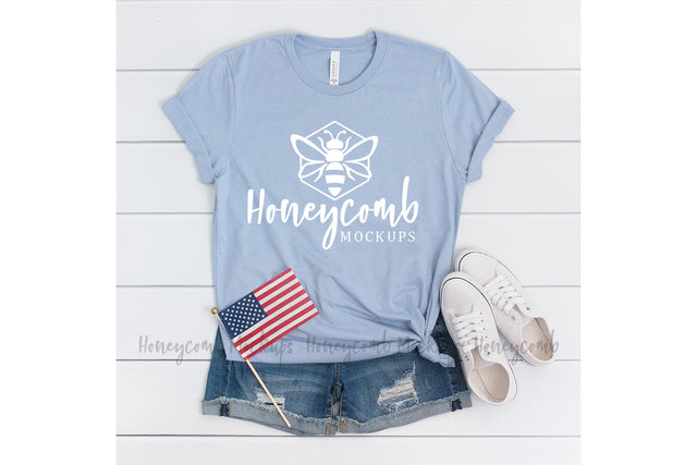 Fourth of July T-Shirt Mockup, Heather Blue 3001 Mockup, Bella Canvas Mockup Mock Up Photo Honeycomb Mockups 