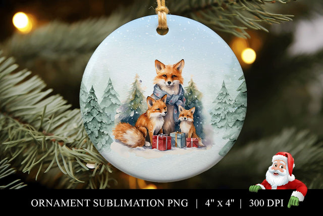 Fox Family Round Christmas Ornament Sublimation PNG Sublimation BijouBay 
