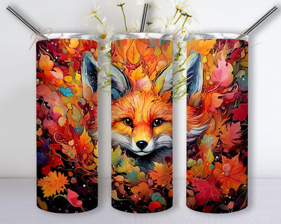 Fox With Autumn Leaves 20oz Skinny Tumbler Png, Cute Cartoon Fox Tumbler, Baby Fox Tumbler Wrap, Cute Colorful Baby Foxes Flowers Png Sublimation PixelChick 