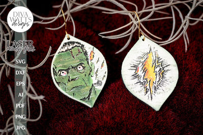 Frankenstein & Lightning Bolt Earrings SVG Monster Earrings Glowforge Earrings Frankenstein Earrings For Laser Monster Earrings SVG Laser SVG Diva Watts Designs 