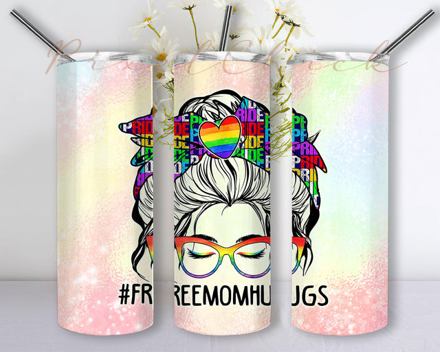 Free Mom Hugs Messy Bun LGBT Pride Rainbow Sublimation Designs for Tumbler, Rainbow Tumbler Design Sublimation PixelChick 