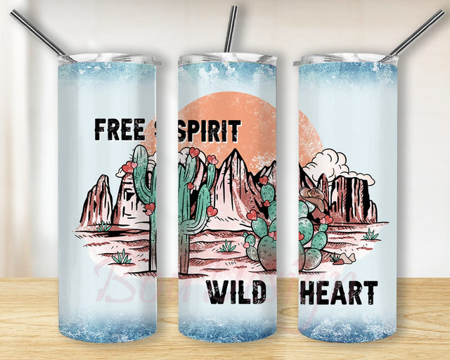 FREE SPIRIT, Wild Heart PNG, Desert Sublimation Design, Girly 20oz Skinny Tumbler Sublimation BouDesign 