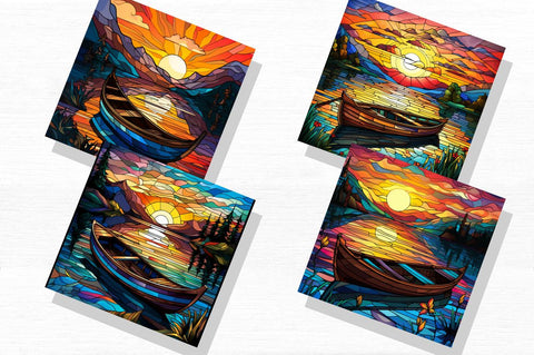 Free Stained Glass Rowboat Lake Sunset Backgrounds Bundle Sublimation Regulrcrative 