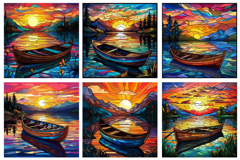 Free Stained Glass Rowboat Lake Sunset Backgrounds Bundle Sublimation Regulrcrative 