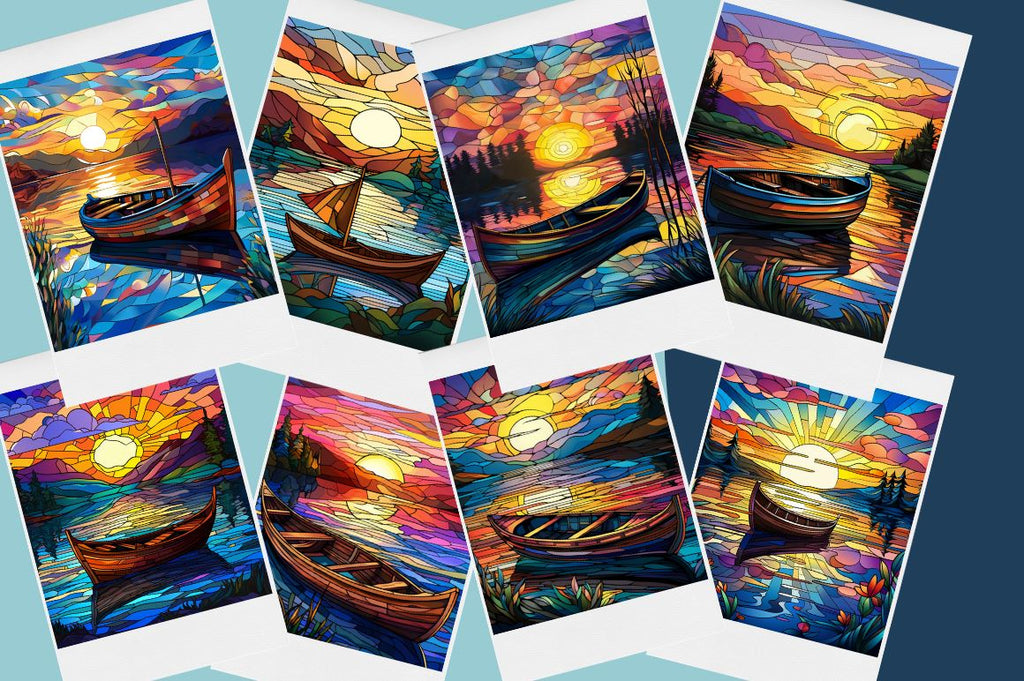 Free Stained Glass Rowboat Lake Sunset Backgrounds Bundle - So Fontsy