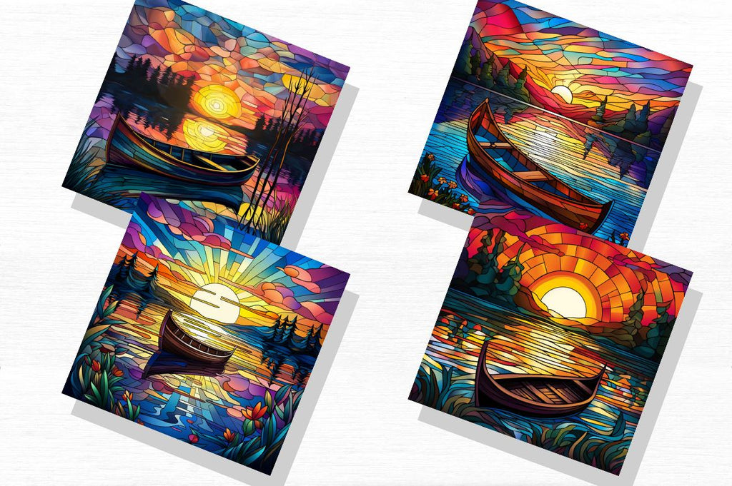 Free Stained Glass Rowboat Lake Sunset Backgrounds Bundle - So Fontsy