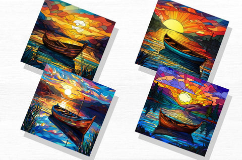 Free Stained Glass Rowboat Lake Sunset Backgrounds Bundle Sublimation Regulrcrative 