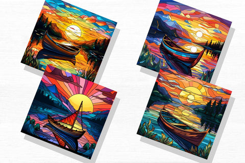 Free Stained Glass Rowboat Lake Sunset Backgrounds Bundle Sublimation Regulrcrative 