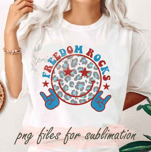Freedom Rocks Design Png, 4th of July Png, Patriotic Sublimation Png, Retro Happy Face Leopard Png, America Png, Independence Day Sublimation, Digital Download Sublimation PrintingLife 