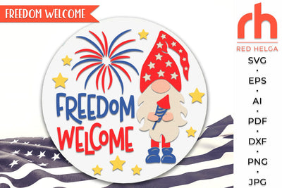 Freedom Welcome SVG, Independence Day Sign Cut File, Gnome with Firework Silhouette, Layered Patriotic Door Hanger DXF SVG RedHelgaArt 