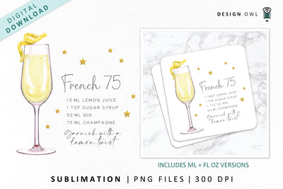 French 75 Cocktail Recipe Sublimation File Sublimation Design Owl 