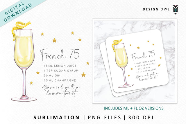 French 75 Cocktail Recipe Sublimation File Sublimation Design Owl 