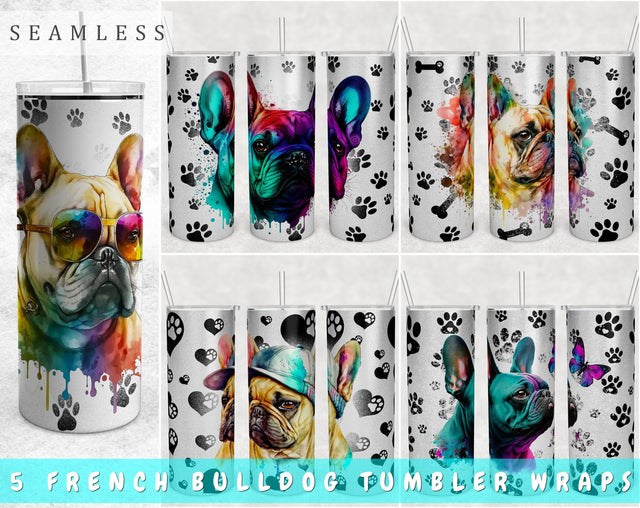 French Bulldog Tumbler Wraps Bundle, 20 Oz Skinny Tumbler French Bulldog Sublimation Designs, Seamless Frenchie PNG, 5 Designs Sublimation HappyDesignStudio 