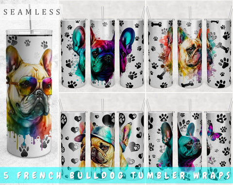 French Bulldog Tumbler Wraps Bundle, 20 Oz Skinny Tumbler French Bulldog Sublimation Designs, Seamless Frenchie PNG, 5 Designs Sublimation HappyDesignStudio 