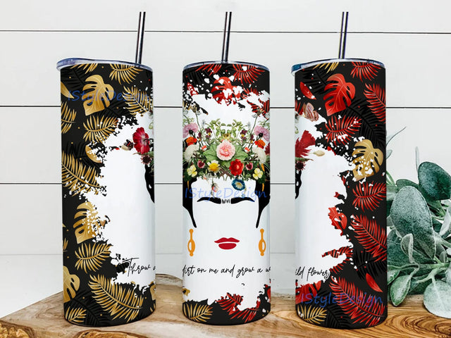 Frida Flowers 20oz Skinny Tumbler Png, Mexican Design Tumbler, Mexican Messy Bun Mamacita Tumbler Png, Western Tumbler Png, Sublimation Tumbler Png Sublimation iStyleDesign 