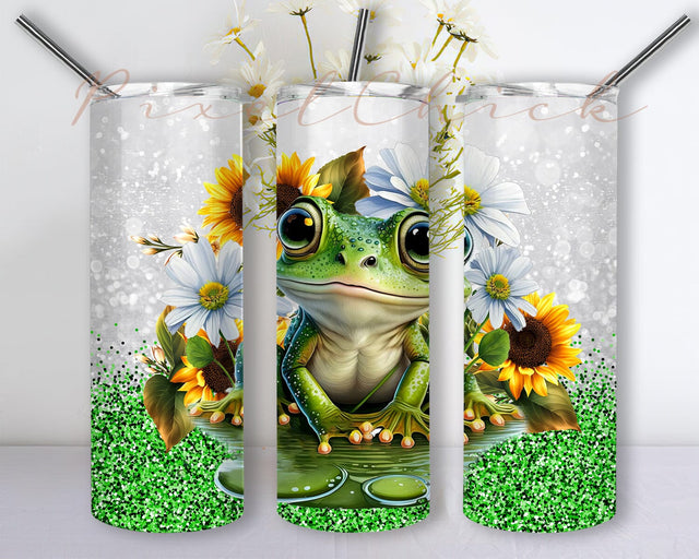 Frog 20oz Tumbler Design Png, Sunflower Frog Tumbler, Frog Lover Gifts For Women, Floral Folk Frog Tumbler, Cute Frog Wrap, Green Glitter Frog Tumbler Sublimation PixelChick 