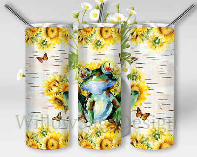 Frog Sunflower Tumbler Wrap, Watercolor Frogs 20oz Skinny Tumbler, Butterflies Png, Frogs Sublimation Design, Instant Download Sublimation WillowSageDesign 
