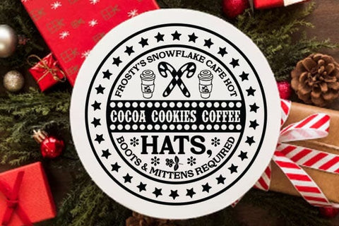 Frosty's snowflake cafe hot cocoa cookies coffee hats, boots & mittens required SVG Angelina750 