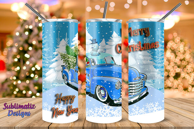 Frosty's Tree Farm Truck Skinny Tumbler Wrap Merry Christmas Sublimation Sublimatiz Designs 