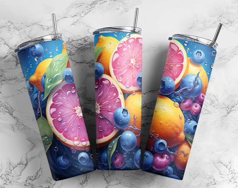 Fruist Lemons and Blueberries 3D Tumbler PNG, Drink Fruit 20oz Skinny Tumbler PNG, Sublimation Design Download Sublimation CaldwellArt 