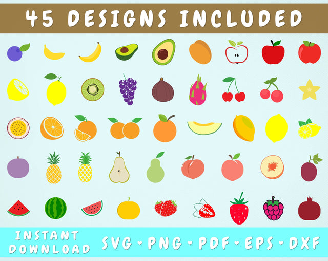 Fruits SVG Bundle - 45 Designs Included, Avocado SVG, Apple SVG, Strawberry SVG, Orange SVG, Watermelon SVG SVG HappyDesignStudio 
