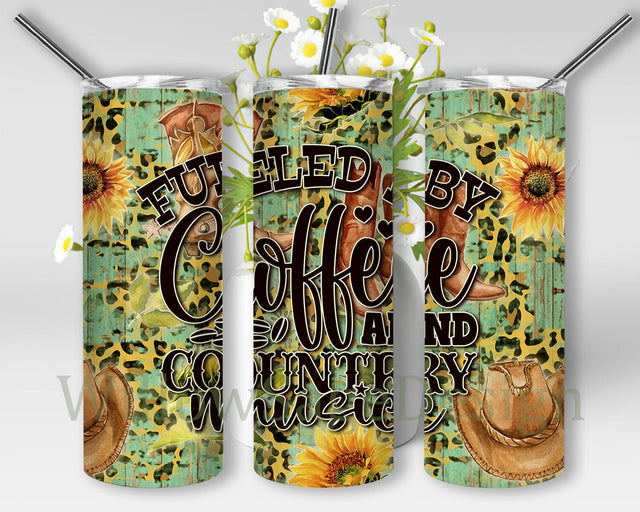 Fueled by Coffee and Country Music Tumbler Design, Country Music 20oz Skinny Tumbler, Western Sunflower Leopard Tumbler Wrap, Digital Download Sublimation WillowSageDesign 