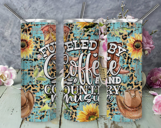 Fueled by Coffee And Country Music Tumbler Png, Boho Sunflower 20oz Skinny Tumbler, Leopard Wood Turquoise Tumbler Wrap, Cowgirl Boots And Hat Design Png, Instant Download Sublimation DesignSVG 