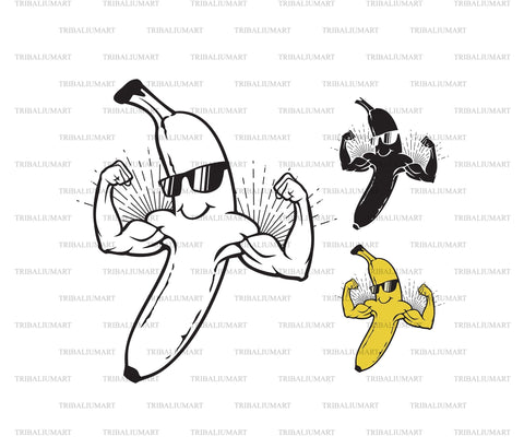 Funny banana fruit with strong arms and sunglasses SVG TribaliumArtSF 