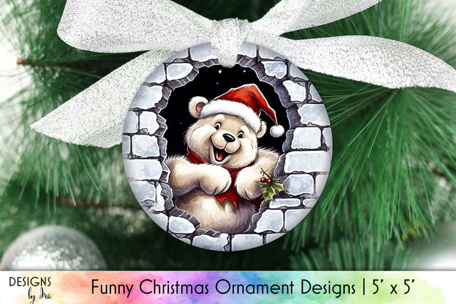 Funny Bear Breaking Through Brick Wall Christmas Ornament Design Sublimation Designs by Ira 
