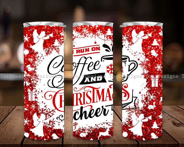 Funny Christmas Quote Sublimation Design for Skinny Tumbler 20oz Design, Christmas Tumbler Waterslide Red Glitter,Christmas Red Glitter Bundle, 20 oz Skinny Tumbler, I Run on Coffee and Christmas Cheer Sublimation ToriDesigns 