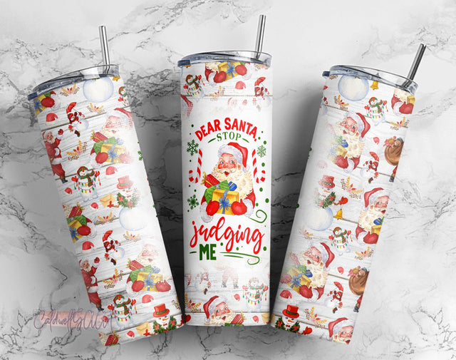 Funny Christmas Tumbler Wrap PNG Santa Stop Judging Me Seamless Sublimation Designs Downloads - Skinny 20oz Sublimation CaldwellArt 