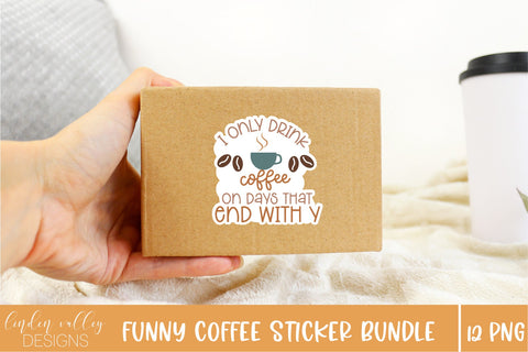 Funny Coffee Sticker Bundle-12 PNG Coffee Digital Stickers Sublimation Linden Valley Designs 