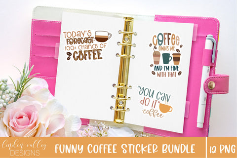 Funny Coffee Sticker Bundle-12 PNG Coffee Digital Stickers Sublimation Linden Valley Designs 