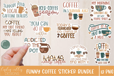 Funny Coffee Sticker Bundle-12 PNG Coffee Digital Stickers Sublimation Linden Valley Designs 