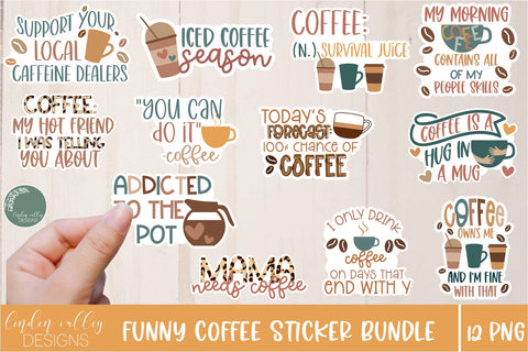 Funny Coffee Sticker Bundle-12 PNG Coffee Digital Stickers Sublimation Linden Valley Designs 